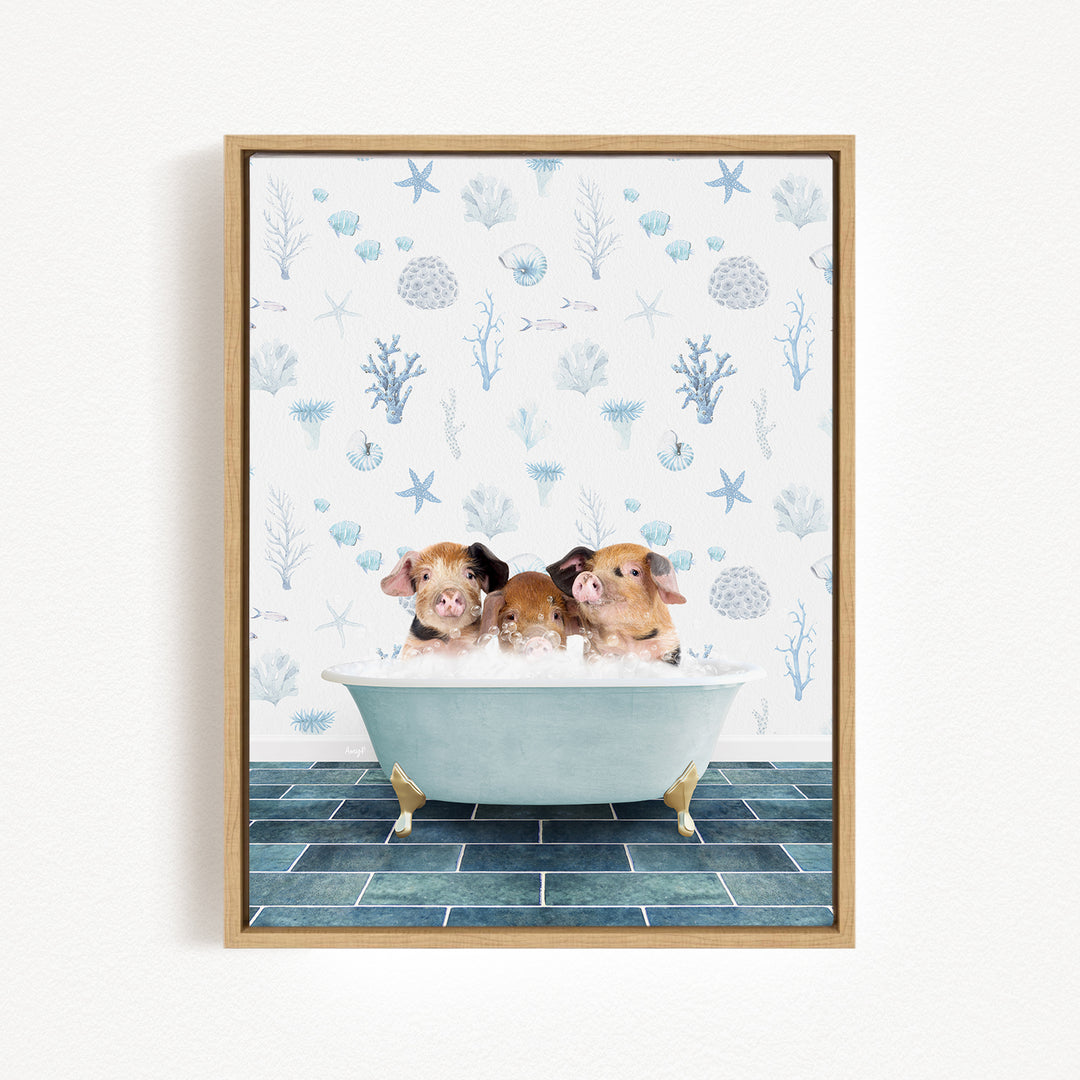 Three adorable pigs sitting in a bathtub, surrounded by a blue and white floral pattern on the wall behind them.