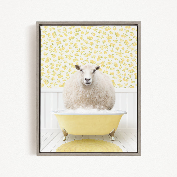 A fluffy white sheep sits in a yellow bathtub, surrounded by a yellow floral wallpaper.