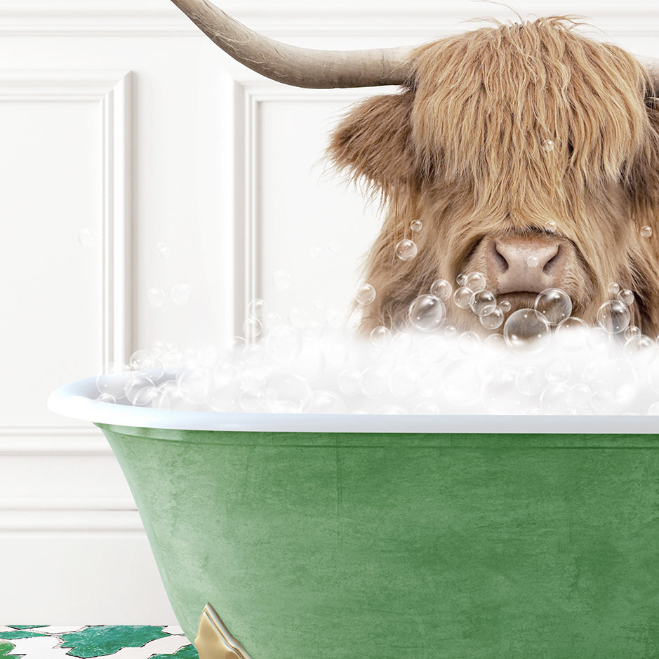 a hairy cow is sitting in a bathtub full of bubbles