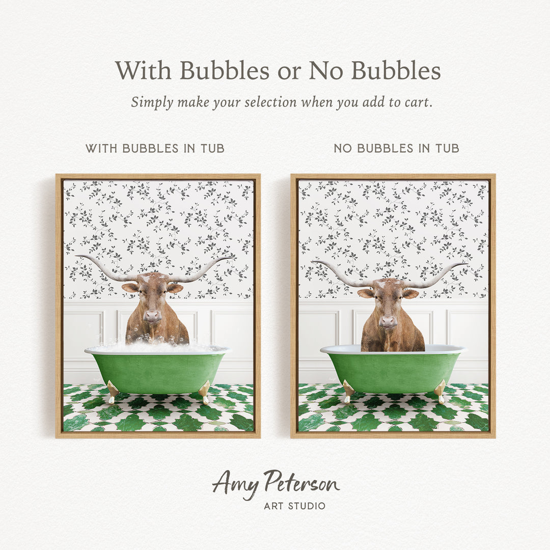 The image is a collage of two framed pictures, each featuring a bull with horns in a bathtub. The bull in the green tub has bubbles, while the bull in the tub without bubbles is depicted in a plain green tub. The collage is titled "With Bubbles or No Bubbles" and is created by Amy Peterson from Art Studio.
