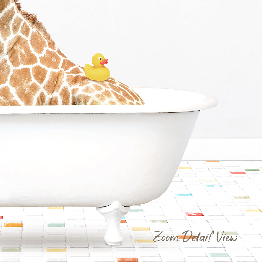 A giraffe is sitting in a white bathtub, with a yellow rubber duck resting on its back.