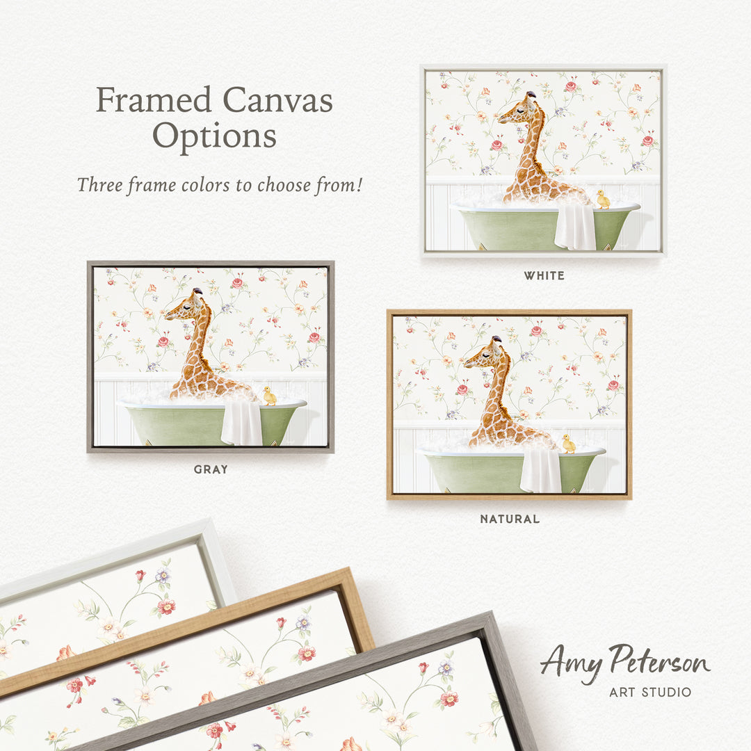 The image is a framed canvas with three different options for the frame color: white, gray, and natural. The canvas features a giraffe sitting in a bathtub, and the frame color choices are displayed above the canvas.