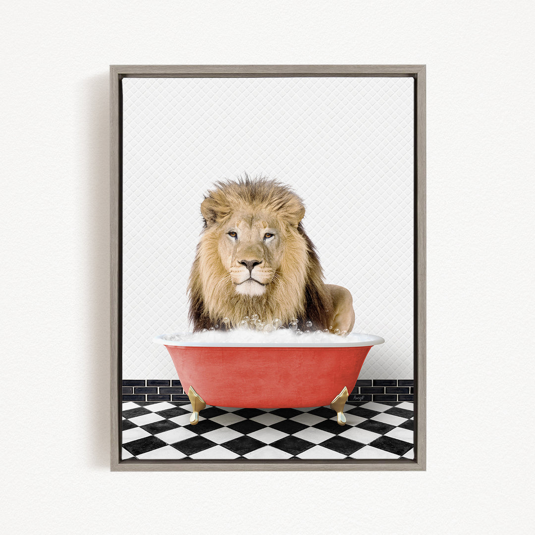 A lion sitting in a red bathtub filled with water, surrounded by a black and white checkered floor.