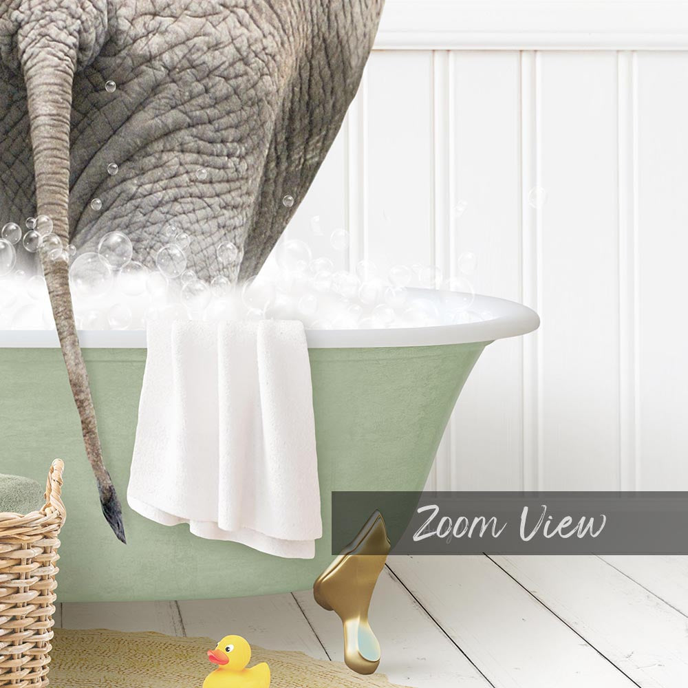 A large elephant is taking a bath in a green bathtub, surrounded by bubbles and a yellow rubber duck.