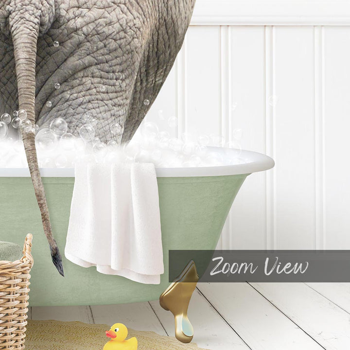 A large elephant is taking a bath in a green bathtub, surrounded by bubbles and a yellow rubber duck.