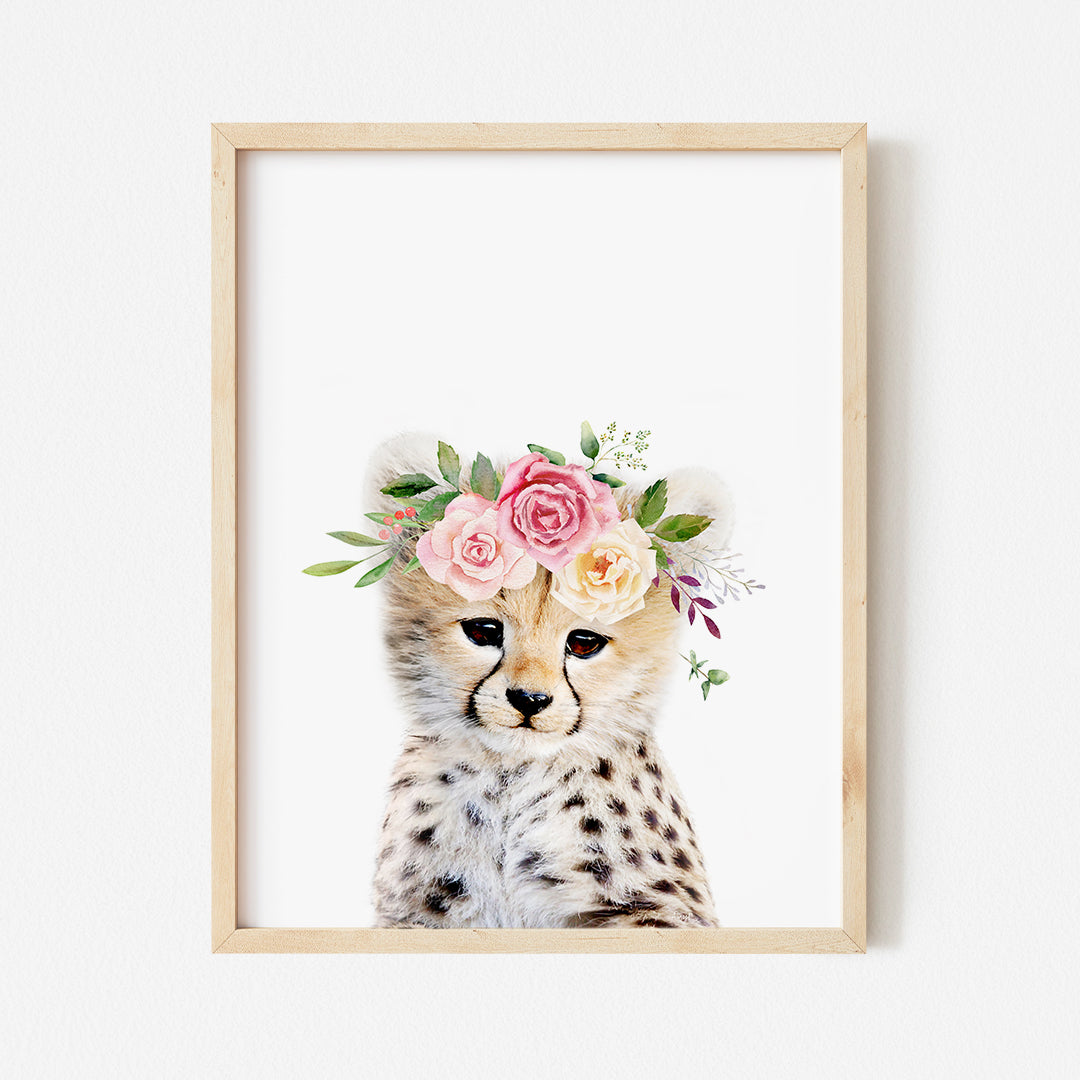 a picture of a cheetah wearing a flower crown