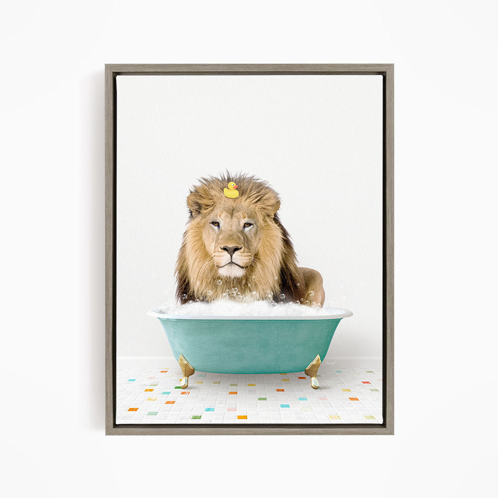 A lion is sitting in a blue bathtub filled with water, surrounded by colorful tiles on the floor.