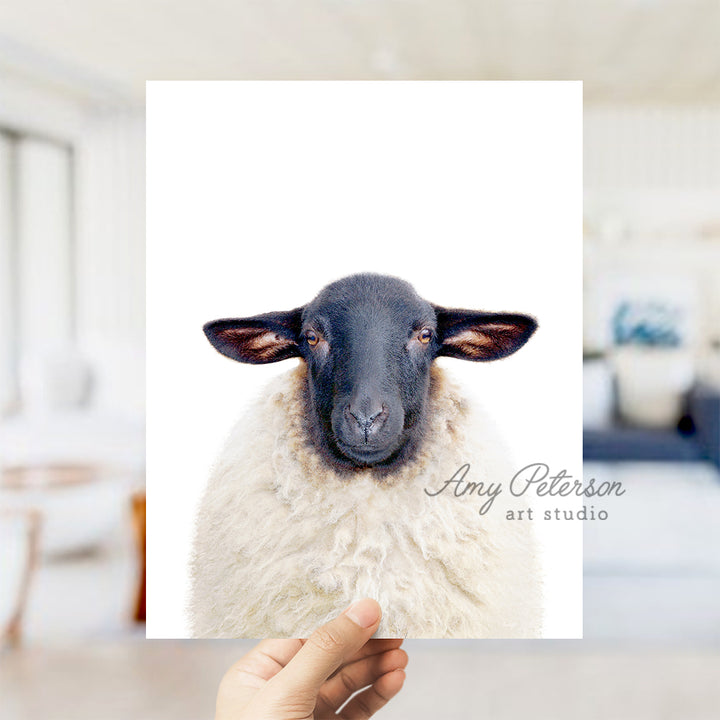 a person holding up a card with a picture of a sheep