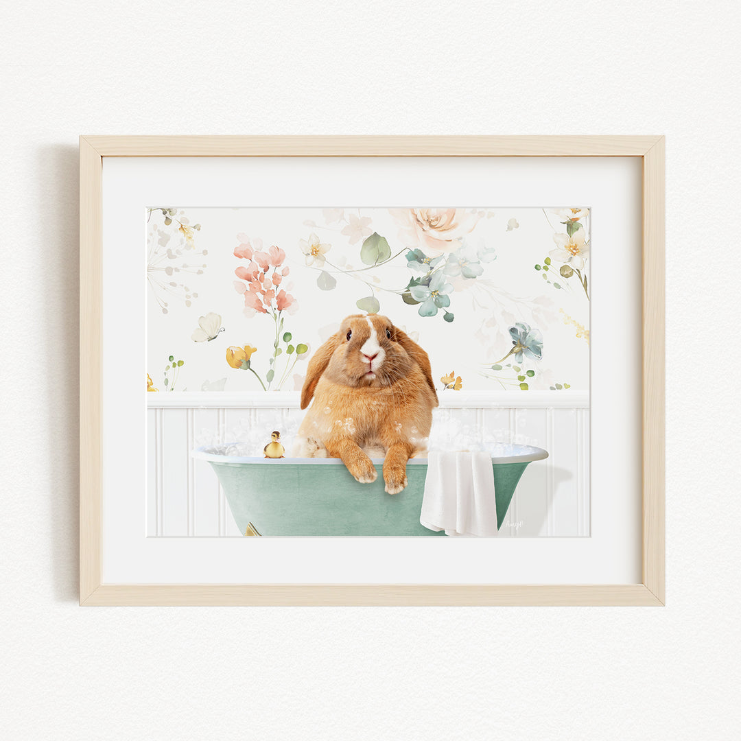 A brown rabbit sitting in a green bathtub filled with water, surrounded by flowers and other decorative elements.