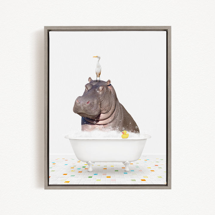 A hippopotamus is sitting in a bathtub filled with bubbles, with a bird perched on its head.