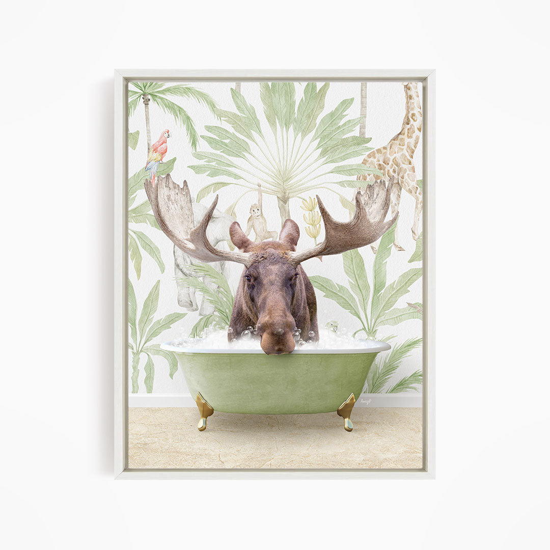 A moose is sitting in a green bathtub, surrounded by tropical plants and animals, including a parrot and a giraffe.
