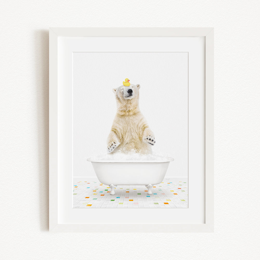 A polar bear standing in a white bathtub, with a rubber duck perched on its head.