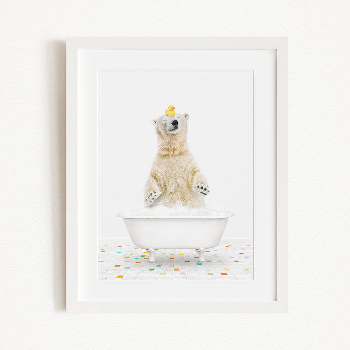 A polar bear standing in a white bathtub, with a rubber duck perched on its head.