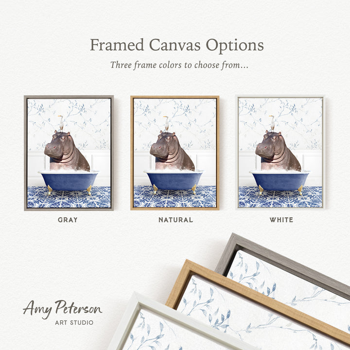 The image is a framed canvas option featuring three different framed pictures of a hippopotamus in a bathtub, each with a different frame color: gray, natural, and white.