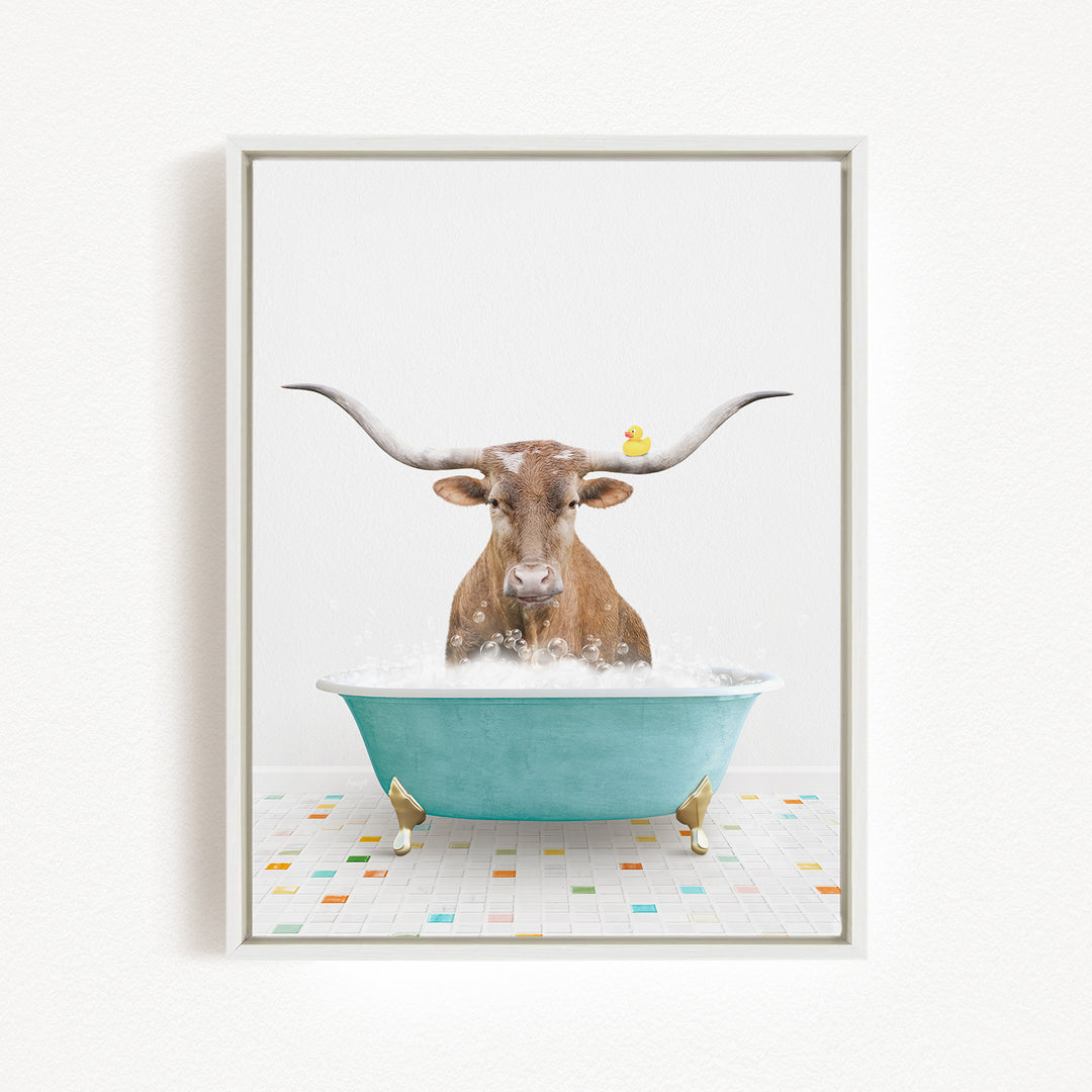 A brown bull with long horns is sitting in a blue bathtub, with a yellow rubber duck perched on its head.