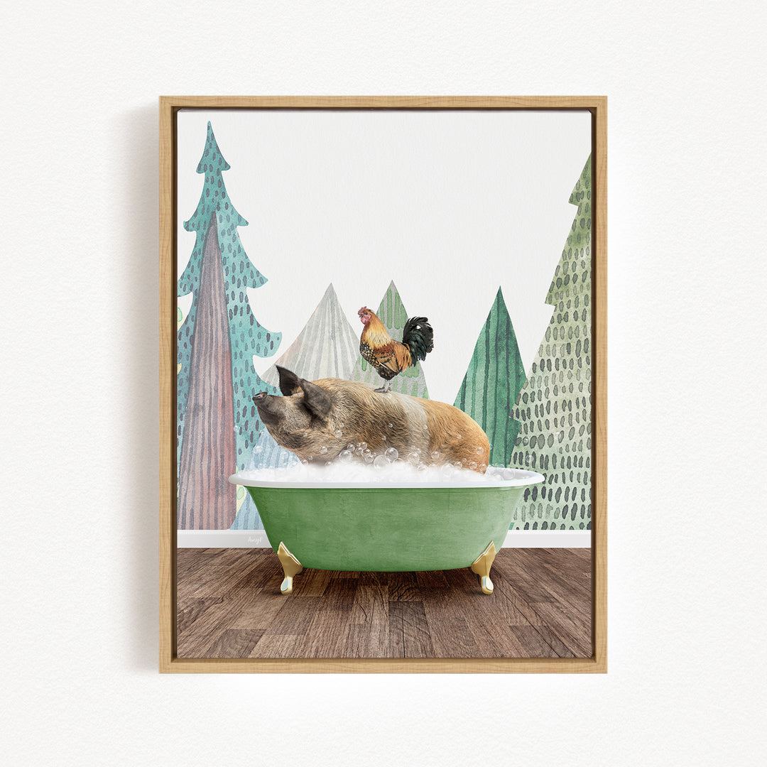 A pig is sitting in a green bathtub, surrounded by a forest scene with trees and a rooster.