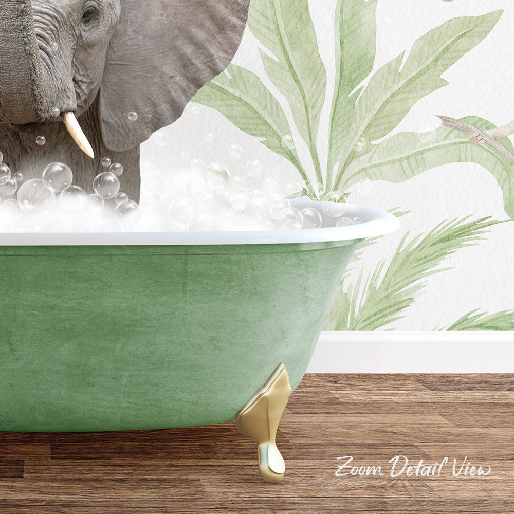 A green clawfoot bathtub filled with bubbles, with an elephant standing inside it.