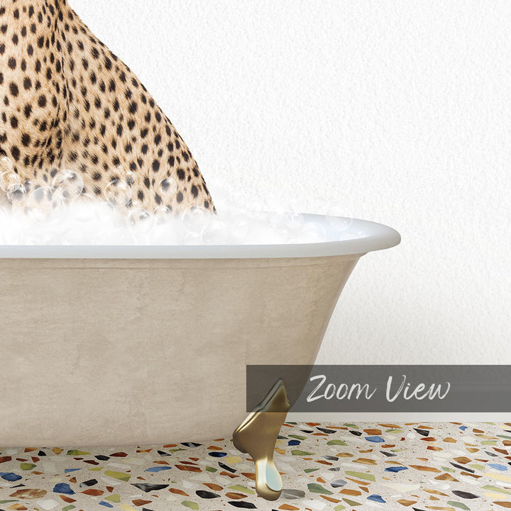 A leopard resting in a bathtub filled with water, with a text overlay that reads "Zoom View".