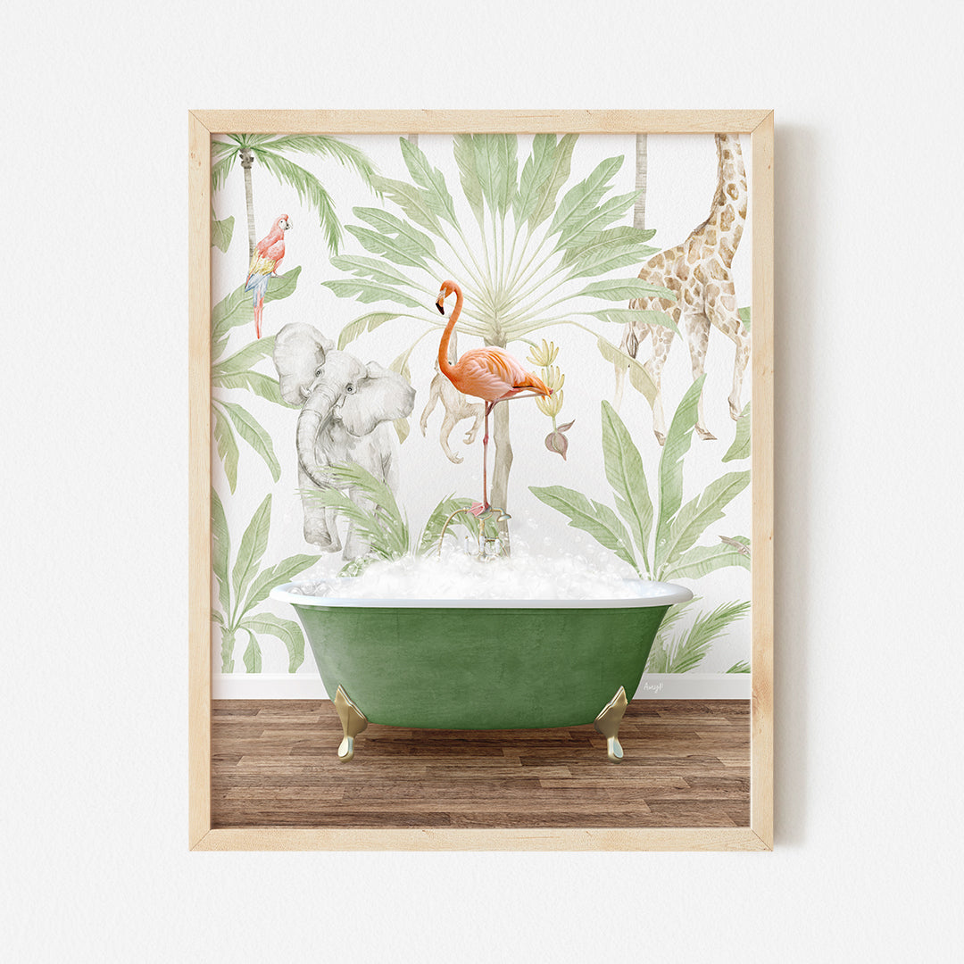 a green bathtub with a flamingo and giraffe wallpaper