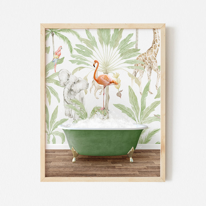 a green bathtub with a flamingo and giraffe wallpaper