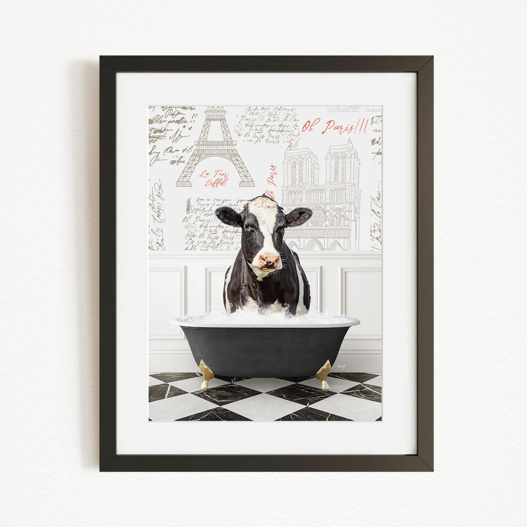 A black and white cow is sitting in a bathtub filled with water, surrounded by a checkered floor and a wall with the Eiffel Tower and other Parisian landmarks.