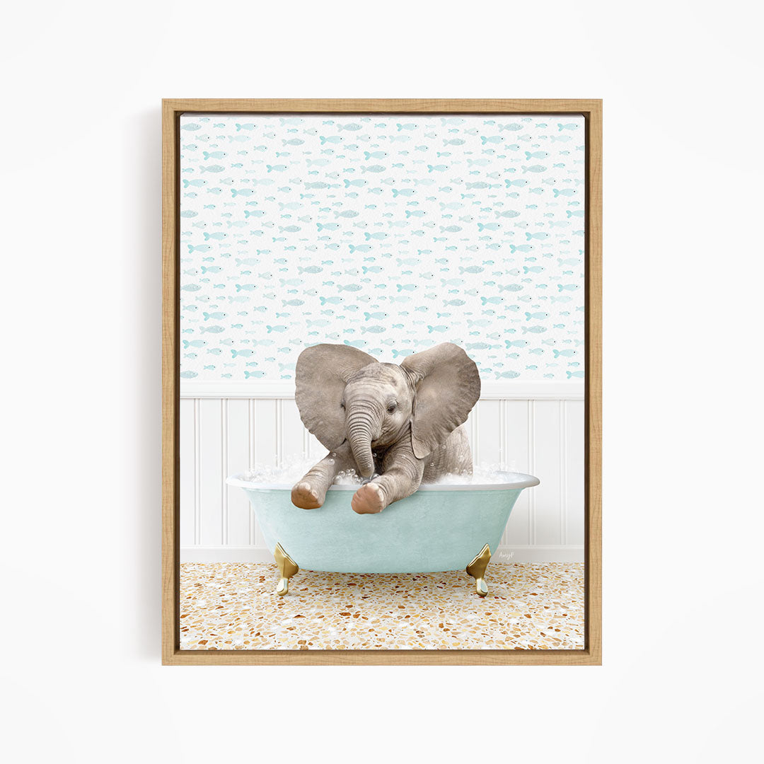 A baby elephant sitting in a bathtub filled with water, surrounded by a pattern of fish.
