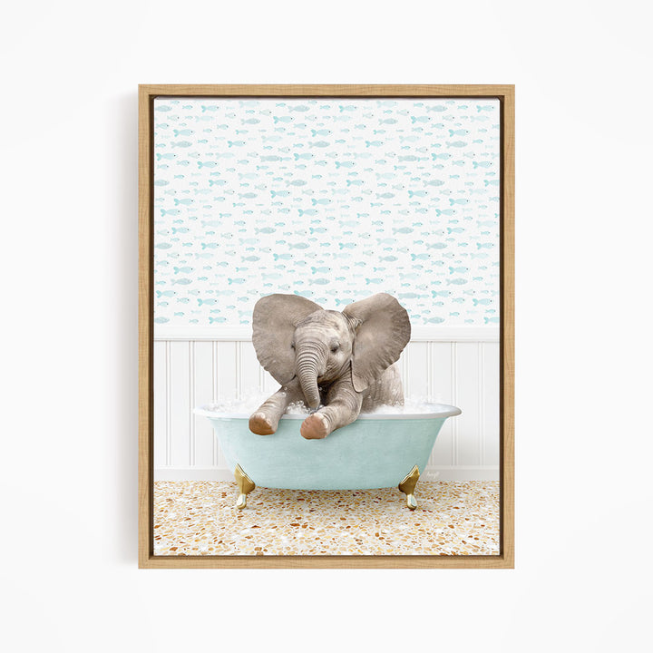 A baby elephant sitting in a bathtub filled with water, surrounded by a pattern of fish.