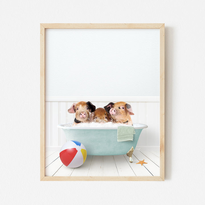 three puppies in a bathtub with a beach ball