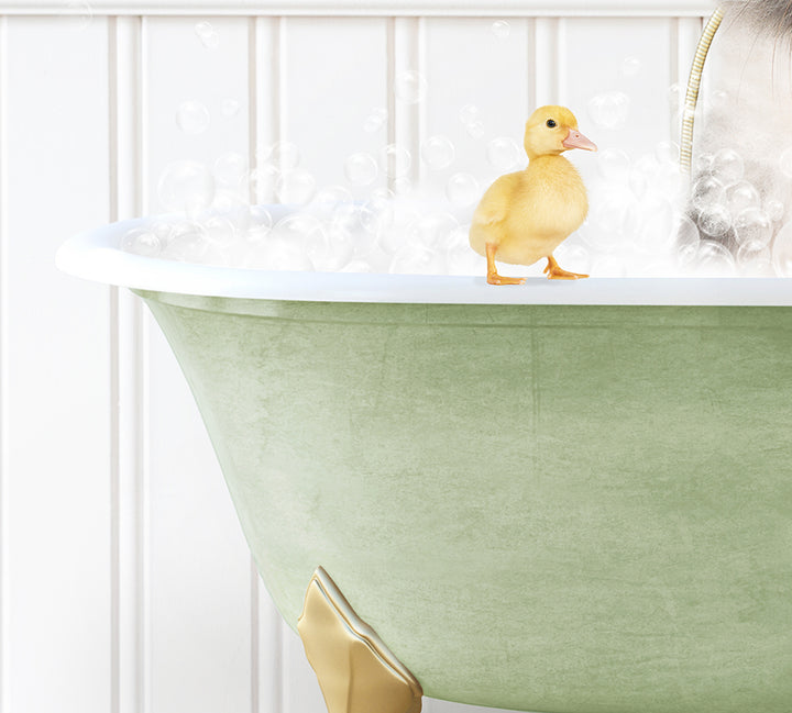 a rubber duck in a bathtub filled with bubbles