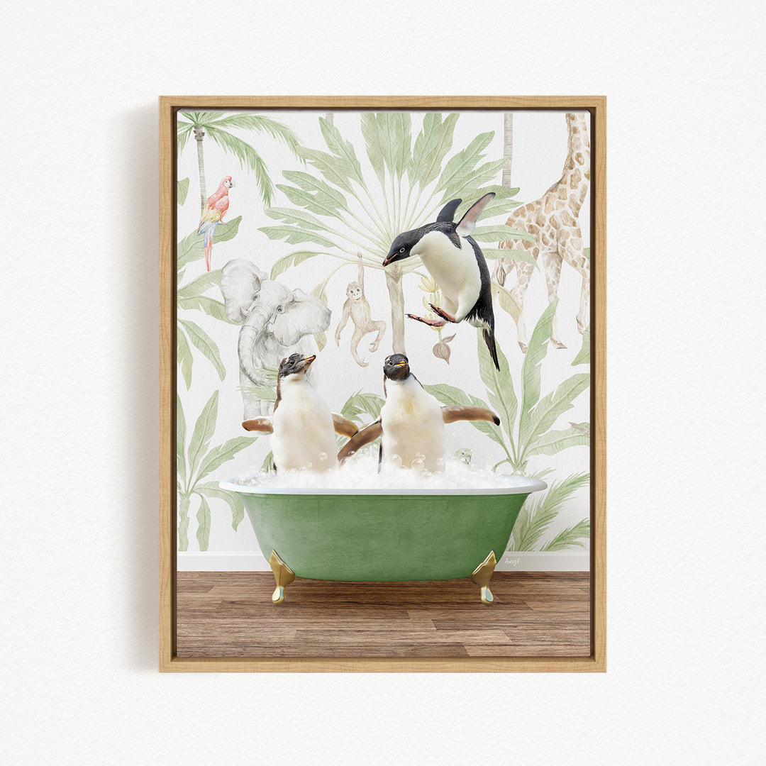 A framed image depicting two penguins sitting in a green bathtub, surrounded by a tropical jungle wallpaper with various animals and plants.