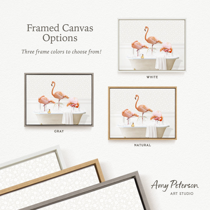 The image is a framed canvas with three different frame options for a painting of flamingos in a bathtub.