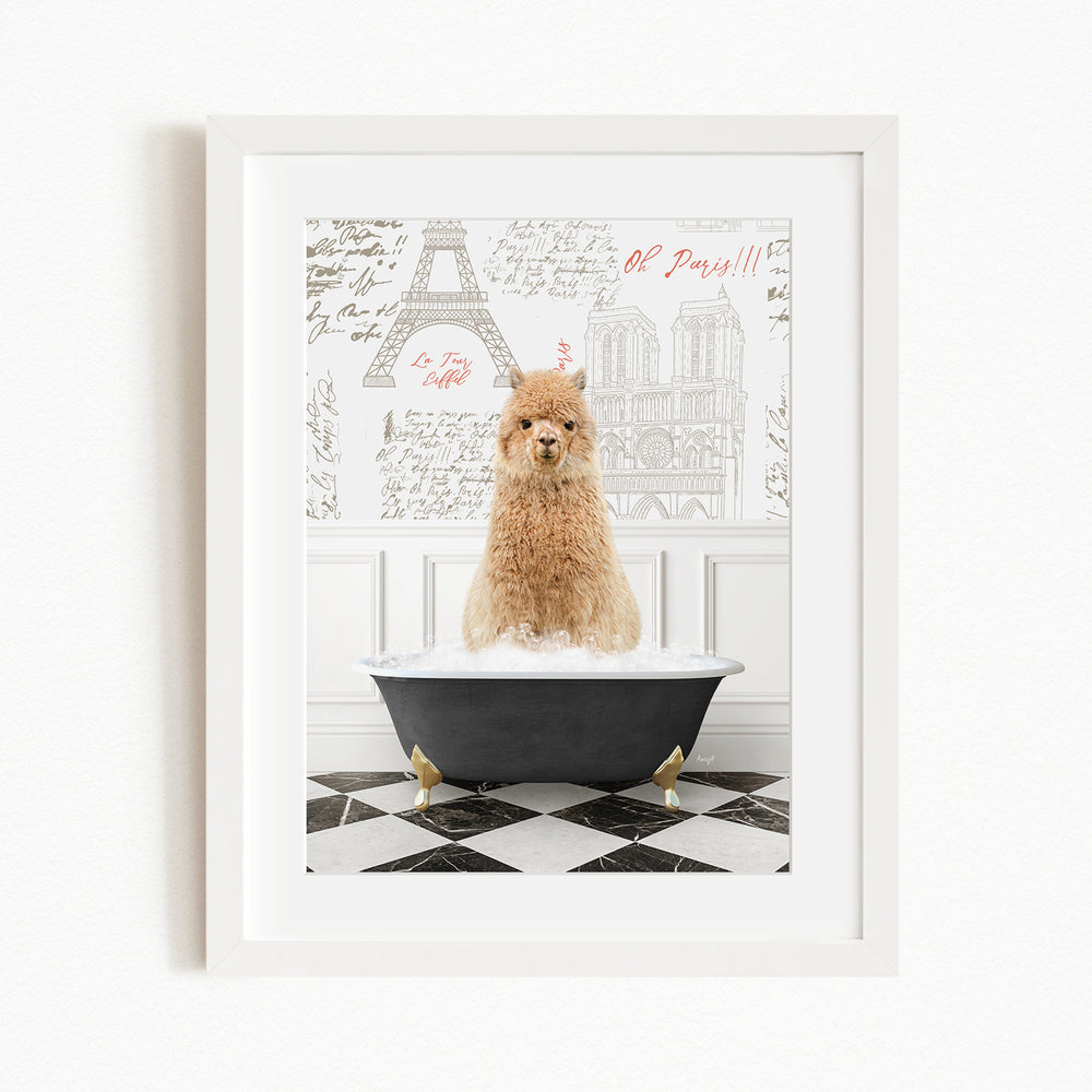 A fluffy brown dog sitting in a bathtub filled with water, with a framed image of the Eiffel Tower in the background.