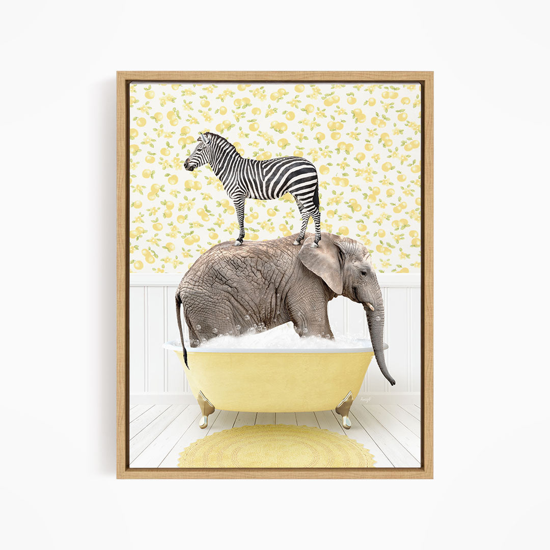 A zebra standing on the back of an elephant, both in a yellow bathtub, against a yellow and white floral background.