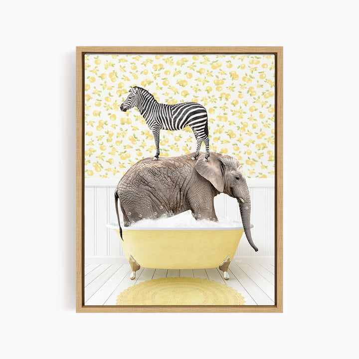 A zebra standing on the back of an elephant, both in a yellow bathtub, against a yellow and white floral background.