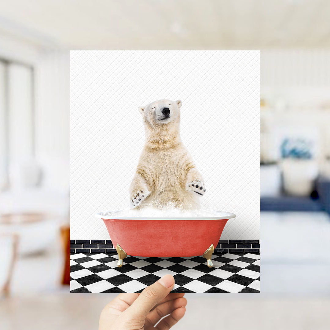 A polar bear standing in a red bathtub filled with bubbles, with a black and white checkered floor in the background.