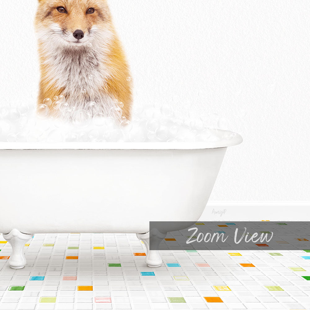 A fox is sitting in a white bathtub filled with bubbles, with a colorful tiled floor in the foreground.
