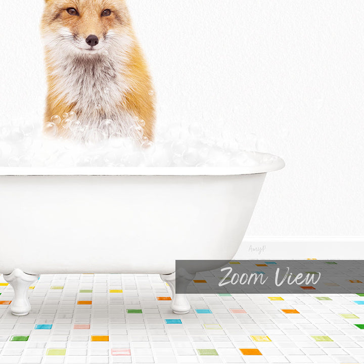 A fox is sitting in a white bathtub filled with bubbles, with a colorful tiled floor in the foreground.