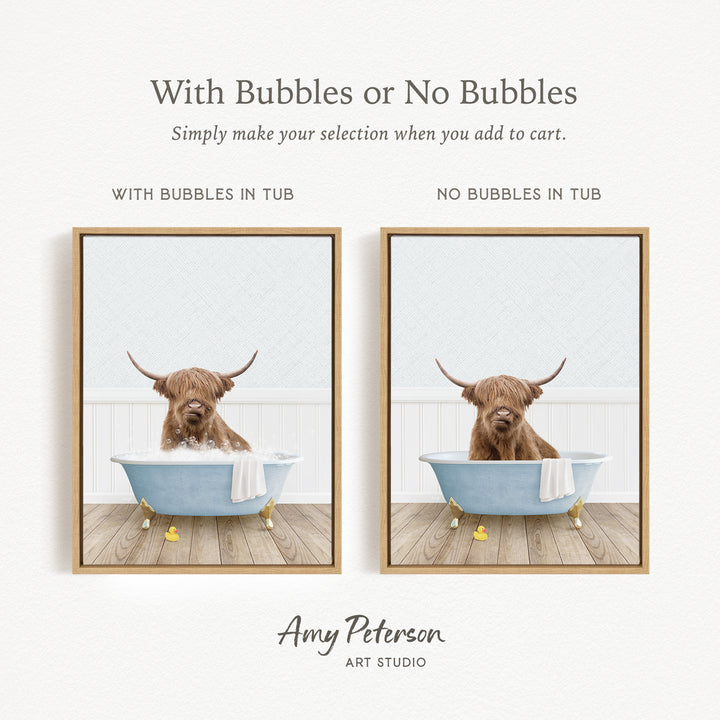 The image is a collage of two pictures featuring a Highland cow sitting in a bathtub. The cow has long horns and is surrounded by bubbles, creating a playful and whimsical scene.