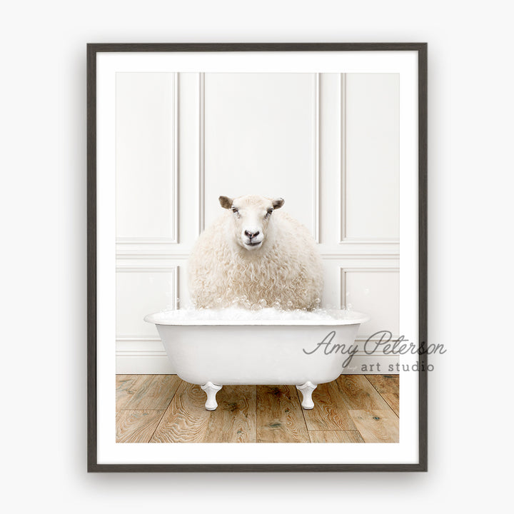 a sheep sitting in a bathtub in a room