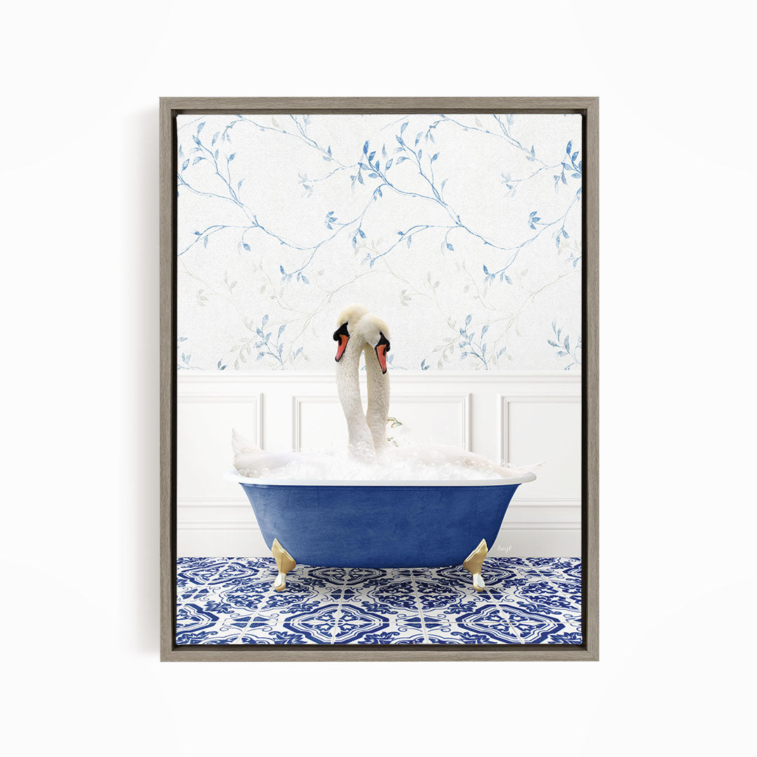 A pair of swans sitting in a blue bathtub, with a patterned tile floor and a floral wallpaper in the background.