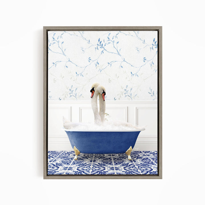 A pair of swans sitting in a blue bathtub, with a patterned tile floor and a floral wallpaper in the background.