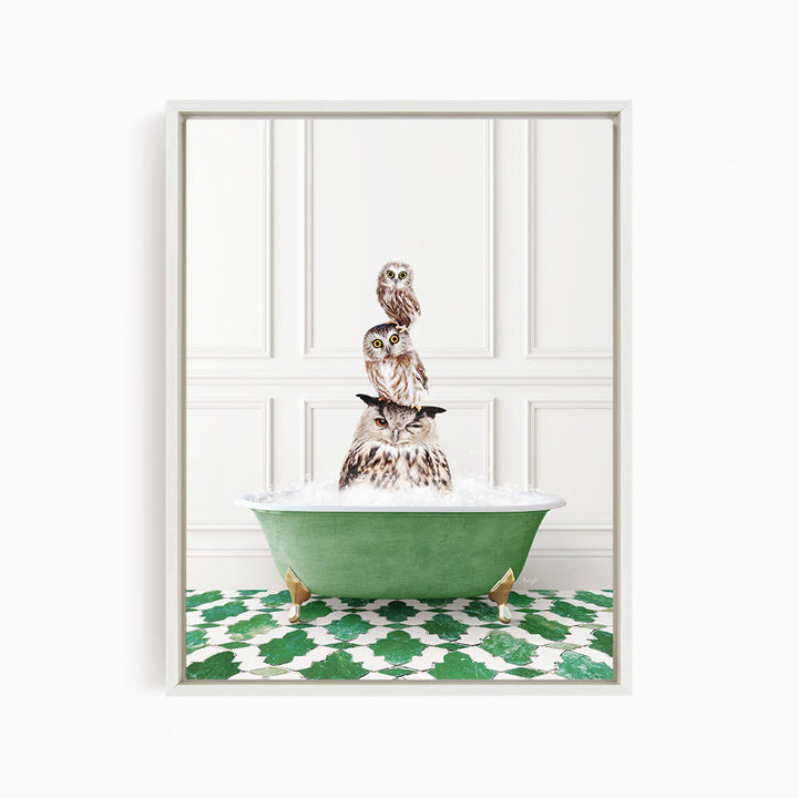 A framed image depicting a group of owls sitting in a green bathtub filled with water, creating a whimsical and playful scene.