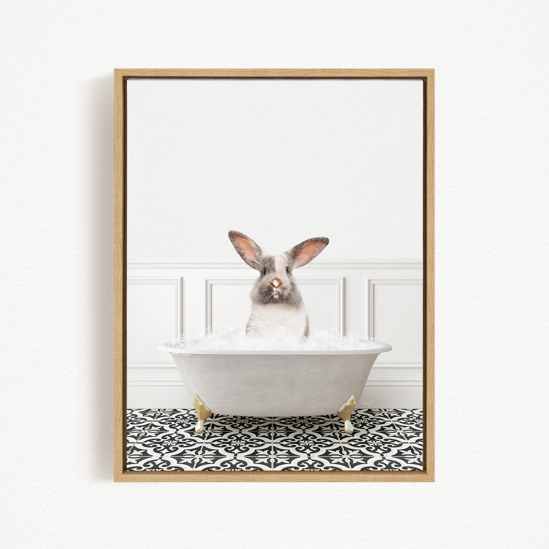 A white rabbit sitting in a white bathtub filled with water, with a black and white patterned floor beneath it.