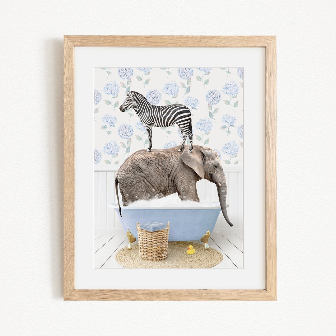 A zebra standing on an elephant's back in a bathtub, with a basket of rubber ducks nearby.