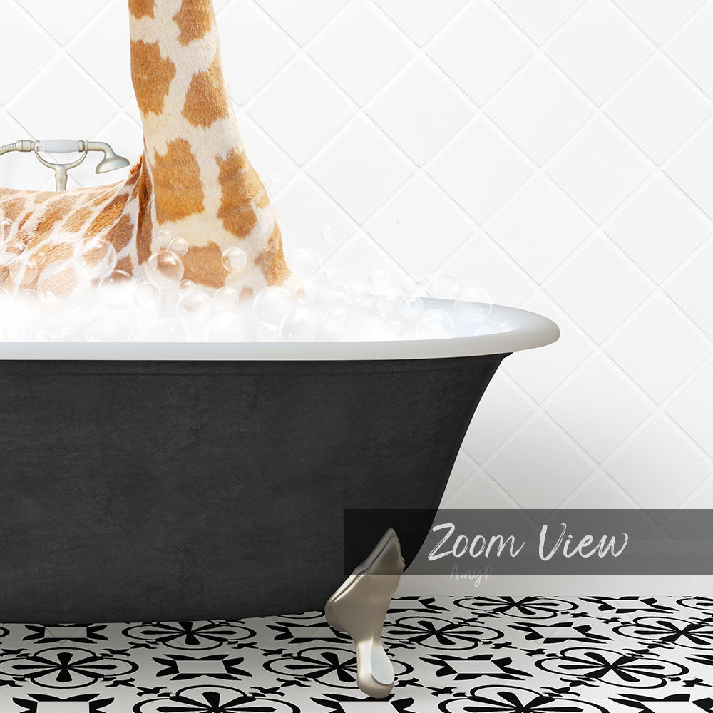 A giraffe is standing in a bathtub filled with water, surrounded by bubbles, with a black and white patterned floor in the foreground.