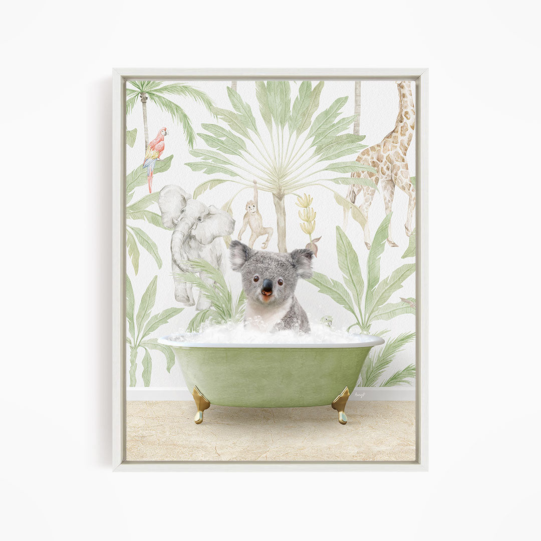 A koala is sitting in a green bathtub, surrounded by a tropical jungle scene with palm trees, a giraffe, and other animals.