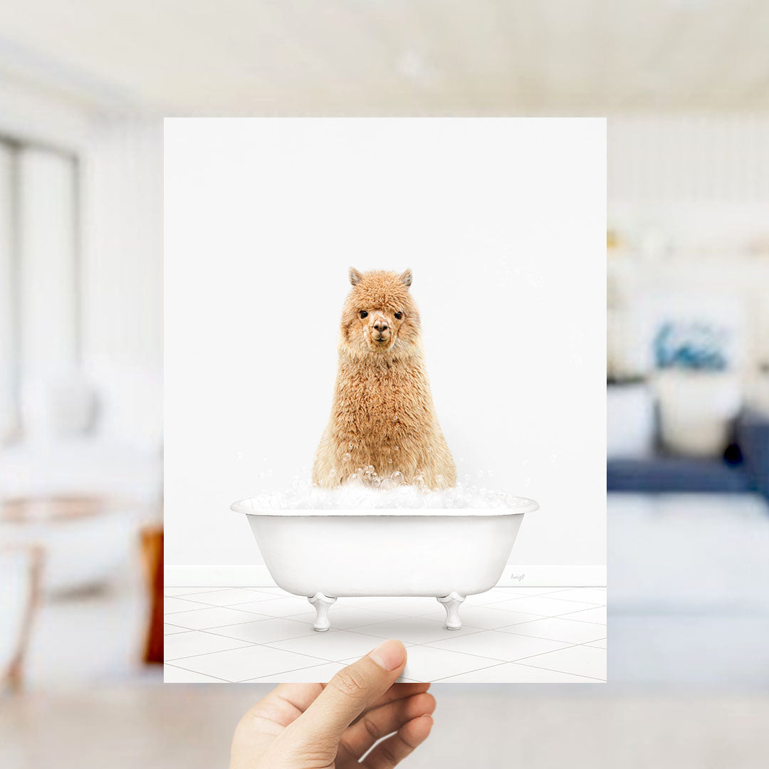 A hand holds up a framed image of a fluffy brown dog sitting in a white bathtub filled with bubbles.