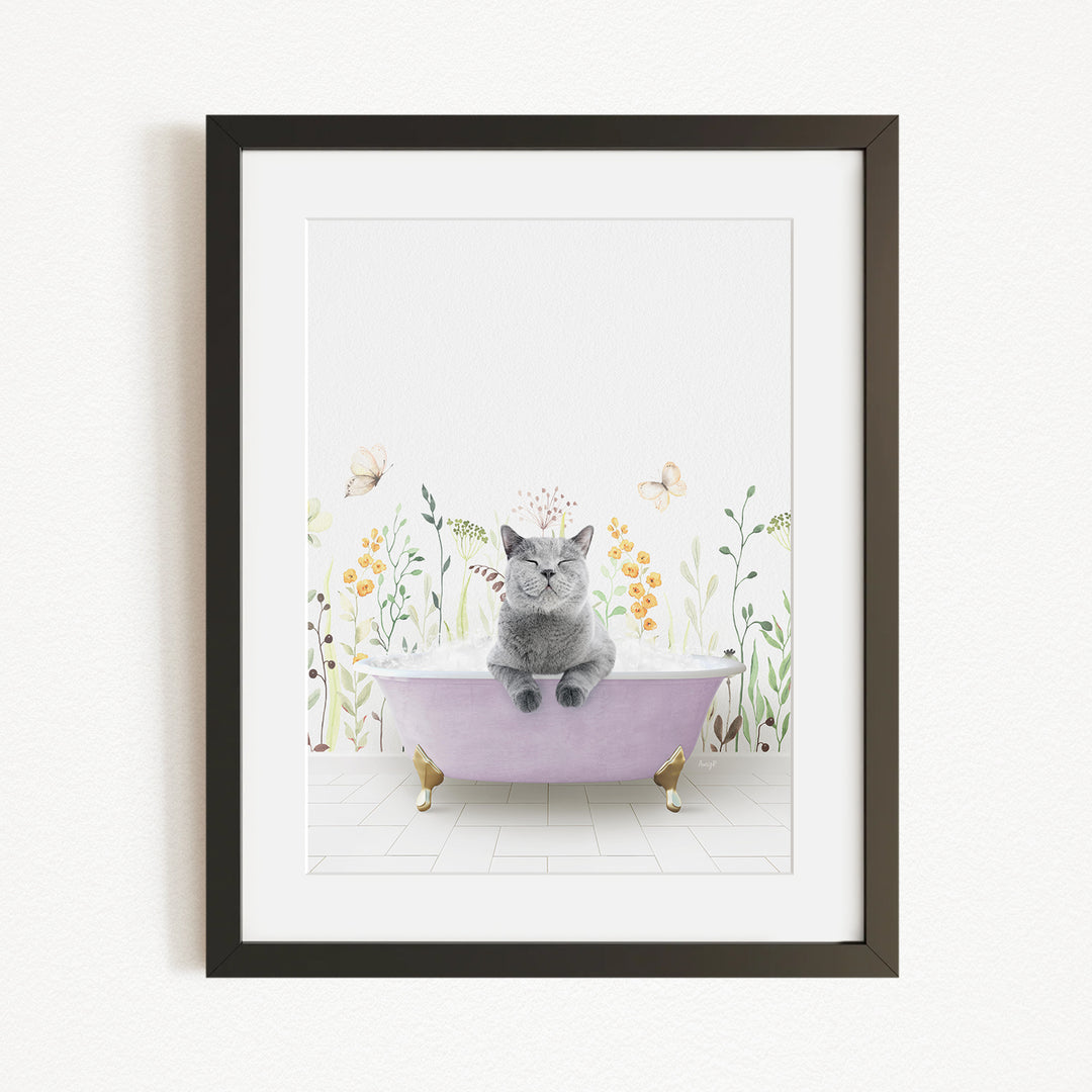 A gray cat sitting in a pink bathtub, surrounded by flowers and butterflies, creating a whimsical and serene scene.