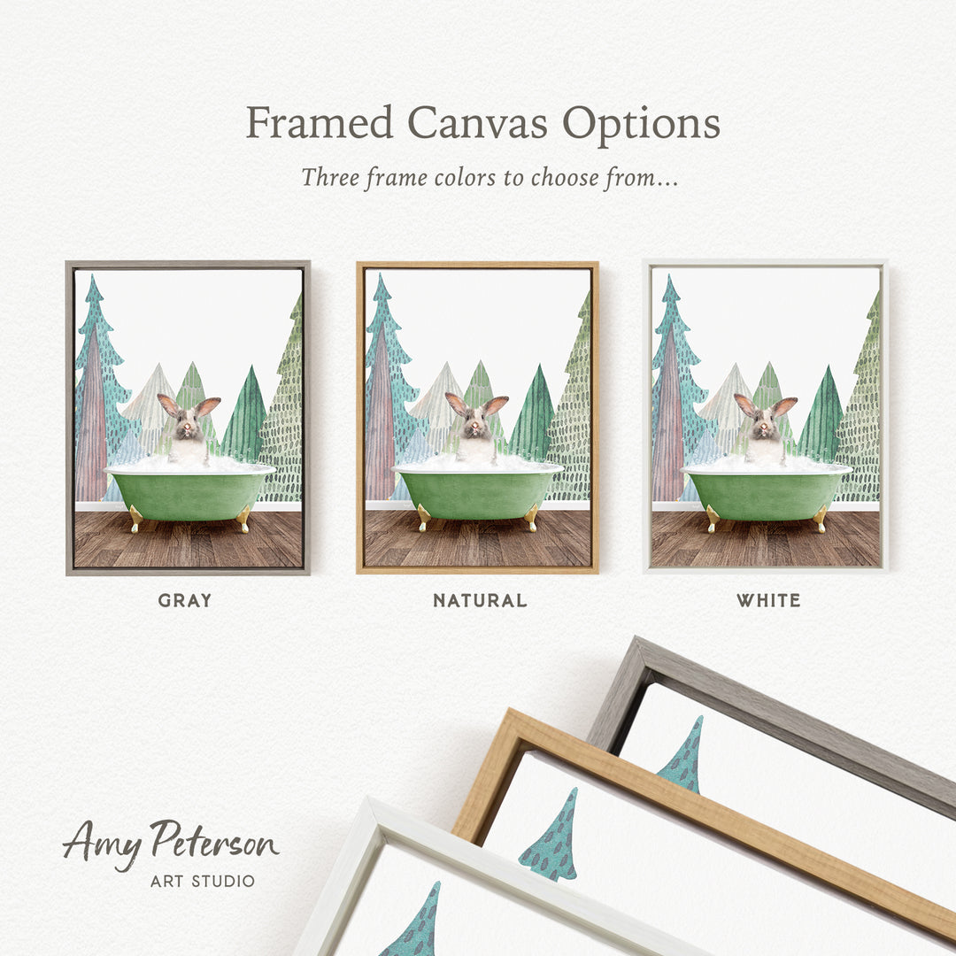 The image is a framed canvas option featuring three different color options for a painting of a dog in a bathtub, with a forest scene in the background.