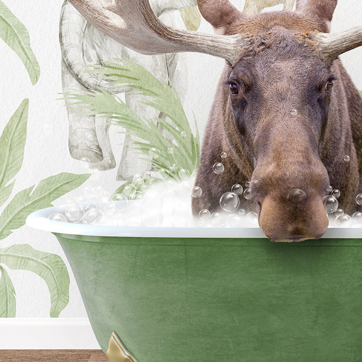 a moose is taking a bath in a green bowl